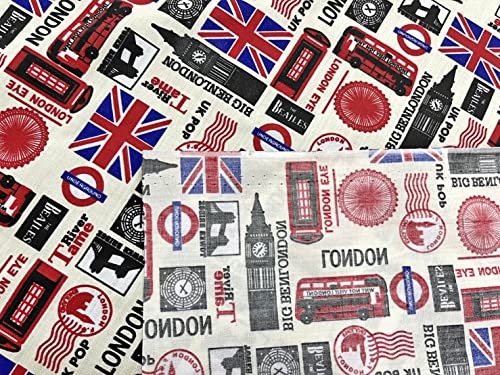 AMORNPHAN 45 Inch London British Big Ben Bus Great England United Kingdom UK England Flag Country Printed Cotton Fabric for Patchwork Needlework DIY Handmade Sewing Crafting Home Decoration For 1 Yard