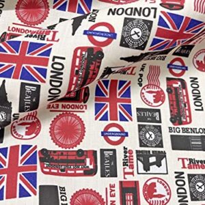 AMORNPHAN 45 Inch London British Big Ben Bus Great England United Kingdom UK England Flag Country Printed Cotton Fabric for Patchwork Needlework DIY Handmade Sewing Crafting Home Decoration For 1 Yard