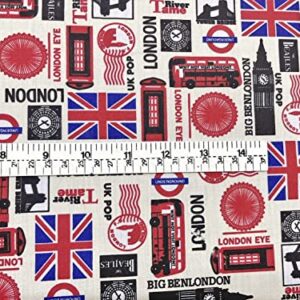 AMORNPHAN 45 Inch London British Big Ben Bus Great England United Kingdom UK England Flag Country Printed Cotton Fabric for Patchwork Needlework DIY Handmade Sewing Crafting Home Decoration For 1 Yard