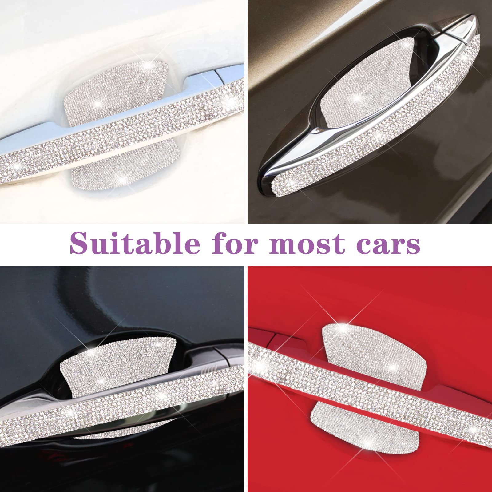 Forjume 8PCS Bling Car Door Handle Protector Rhinestone Universal Saftey Scratch Car Handle Cover Reflective Trim Stickers Bling Car Door Handle Stickers Car Door Bowl Protection Woman & Man (Silver)