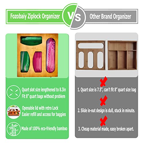 Fozobaiy Ziplock Bag Storage Organizer, Baggie Organizer Dispenser, Bamboo Ziplock Bag Organizer for Drawer & Wall Mount, Suitable for Sandwich,Gallon,Snack & Quart Size Bag