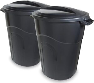 united solutions 32 gallon outdoor garbage can, black, easy to carry garbage can with sturdy construction, pass-through handles & attachable click lock lid, indoor or outdoor use, (pack of 2)