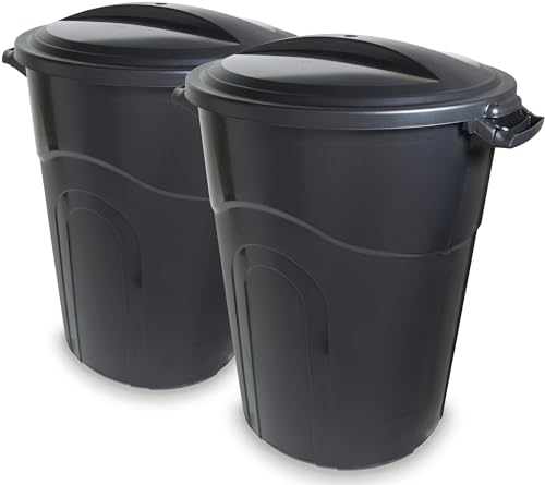 United Solutions 32 Gallon Outdoor Garbage Can, Black, Easy to Carry Garbage Can with Sturdy Construction, Pass-Through Handles & Attachable Click Lock Lid, Indoor or Outdoor Use, (Pack of 2)