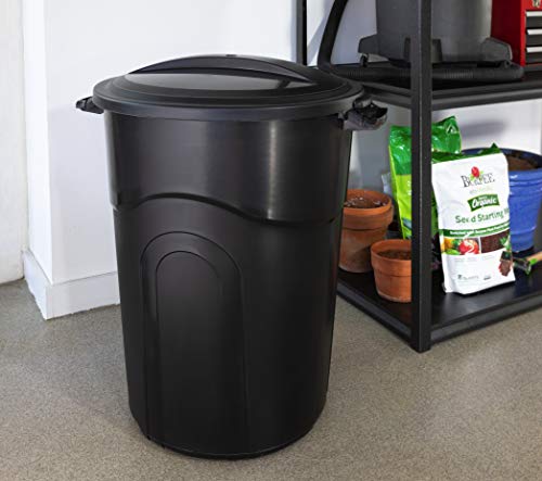 United Solutions 32 Gallon Outdoor Garbage Can, Black, Easy to Carry Garbage Can with Sturdy Construction, Pass-Through Handles & Attachable Click Lock Lid, Indoor or Outdoor Use, (Pack of 2)