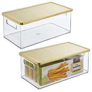 mdesign plastic kitchen storage bin - stackable fridge, pantry cabinet, freezer organizer - food storage bin box w/handles, steel lid - 15" long - ligne collection - 2 pack - clear/soft brass