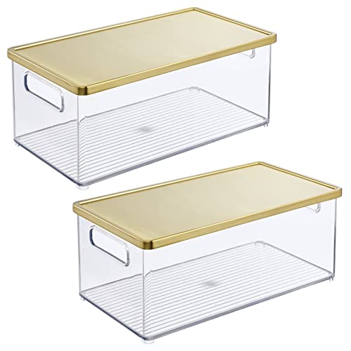 mDesign Plastic Kitchen Storage Bin - Stackable Fridge, Pantry Cabinet, Freezer Organizer - Food Storage Bin Box w/Handles, Steel Lid - 15" Long - Ligne Collection - 2 Pack - Clear/Soft Brass