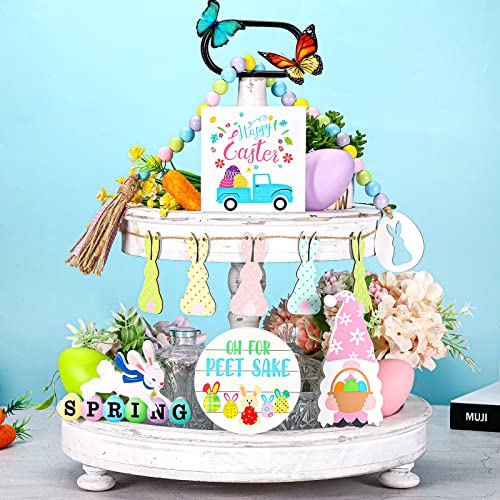 10 Pieces Easter Tiered Tray Decoration Hello Spring Tiered Tray Decor Farmhouse Wood Decor Fresh Flower Market Home Gnome 3D Sign Seasonal Bloom Butterfly Kitchen Wooden Ornament (Rabbit Style)