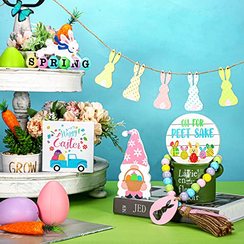 10 Pieces Easter Tiered Tray Decoration Hello Spring Tiered Tray Decor Farmhouse Wood Decor Fresh Flower Market Home Gnome 3D Sign Seasonal Bloom Butterfly Kitchen Wooden Ornament (Rabbit Style)