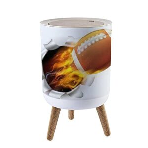 IBPNKFAZ89 Small Trash Can with Lid an of a Burning Flaming American Football Ball on fire Tearing a Hole Garbage Bin Wood Waste Bin Press Cover Round Wastebasket for Bathroom Bedroom Office Kitchen