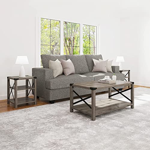 AMERLIFE 3 Pieces Farmhouse Table Set - Includes Coffee Table & Two End Table for Living Room - Grey Wash