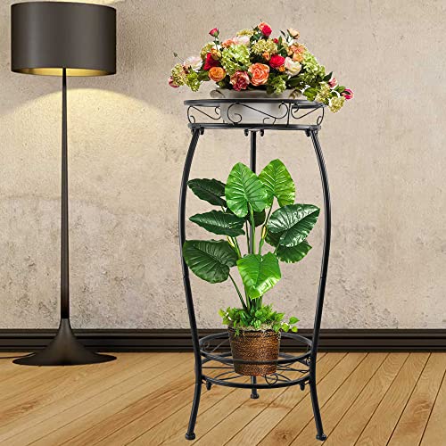 Tall Plant Stands Indoor Outdoor, 2Tier Metal Potted Flower Pot Stand for Multiple Planter,Heavy Duty Iron Planter Shelves Rack Anti-rust for Planter Garden 27" (Black)