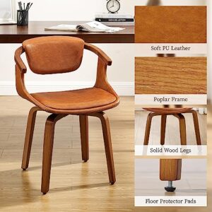 Art Leon Desk Chair No Wheels, Mid Century Modern Swivel Accent Chair, Faux Leather Home Office Desk Chair for Small Spaces Living Room Bedroom, Brown