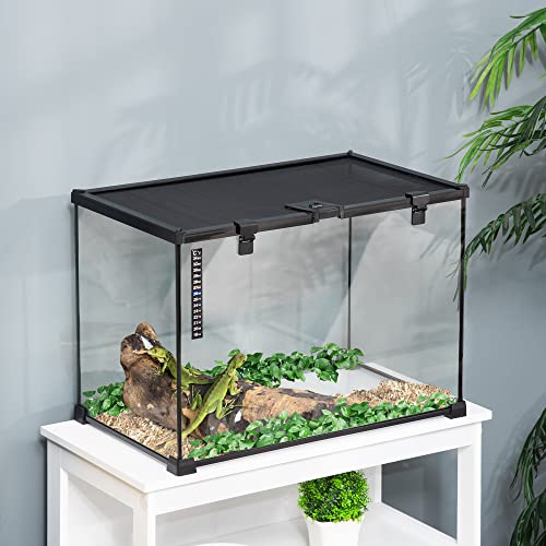 PawHut 14 Gallon Reptile Glass Terrarium Tank, Breeding Box Full View with Visually Appealing Sliding Screen Top for Lizards, Frogs, Snakes, Spiders, 20" x 12" x 14"