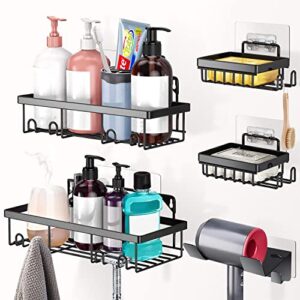 pukokal shower caddy 5 pack shelf with hooks storage rack organizer, stainless steel adhesive caddy shelves no drilling with hairdryer holder soap for bathroom, restroom, kitchen (matte black)
