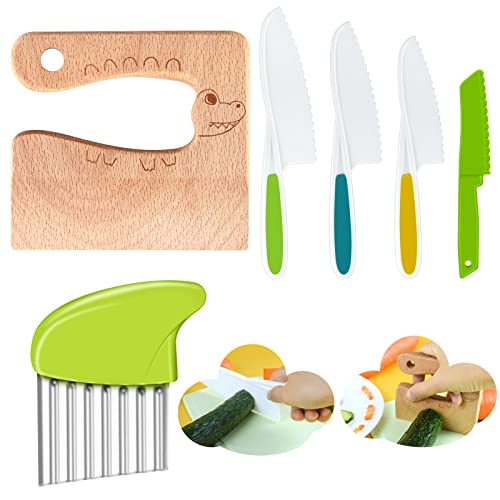 FGSAEOR Toddler Knife Set (6 PCS), Montessori Kitchen Tools for Real Cooking and Knives Cutting, Kids Safe Plastic Knife Include Wooden Knife, Wavy Chopper Knife, Potato Slicers, Serrated Edge Knives