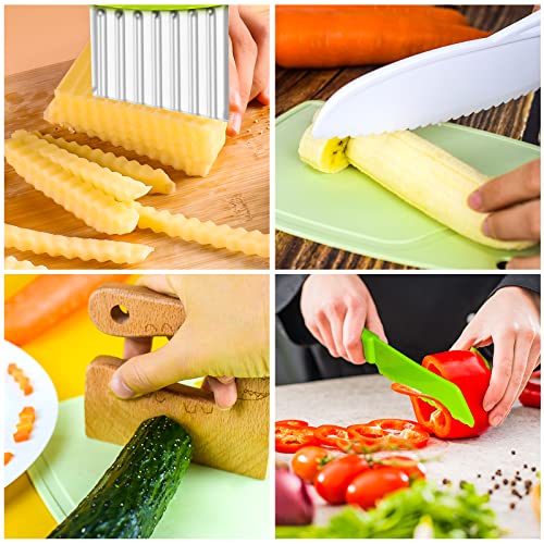 FGSAEOR Toddler Knife Set (6 PCS), Montessori Kitchen Tools for Real Cooking and Knives Cutting, Kids Safe Plastic Knife Include Wooden Knife, Wavy Chopper Knife, Potato Slicers, Serrated Edge Knives