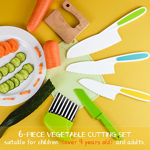 FGSAEOR Toddler Knife Set (6 PCS), Montessori Kitchen Tools for Real Cooking and Knives Cutting, Kids Safe Plastic Knife Include Wooden Knife, Wavy Chopper Knife, Potato Slicers, Serrated Edge Knives