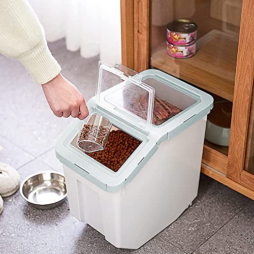 YXQ Dog Food Storage Container Airtight Box Cyan,10kg Bulk Dry Food Grain Storage Barrels Sealed Bucket,Pets Food Bin with Seal Locking Lid, Wheels,Measuring Cup,1pcs Scoops(Random Color)