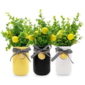 lemon mason jar table centerpiece faux lemon kitchen decor and accessories lemona with artificial leaves spring summer farmhouse decoration for home tiered tray tabletop display yellow white black 3