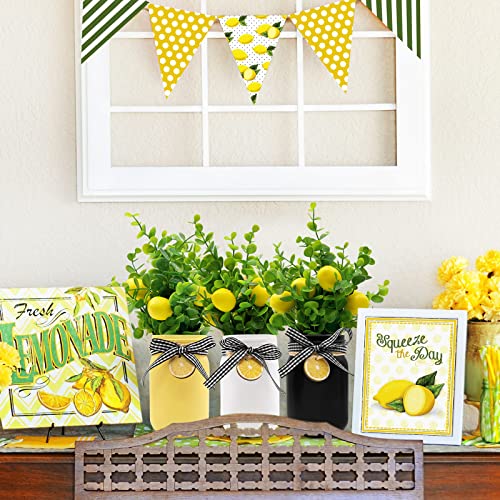 Lemon Mason Jar Table Centerpiece Faux Lemon Kitchen Decor and Accessories Lemona with Artificial Leaves Spring Summer Farmhouse Decoration for Home Tiered Tray Tabletop Display Yellow White Black 3