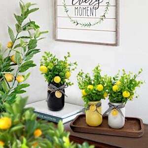 Lemon Mason Jar Table Centerpiece Faux Lemon Kitchen Decor and Accessories Lemona with Artificial Leaves Spring Summer Farmhouse Decoration for Home Tiered Tray Tabletop Display Yellow White Black 3