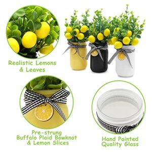 Lemon Mason Jar Table Centerpiece Faux Lemon Kitchen Decor and Accessories Lemona with Artificial Leaves Spring Summer Farmhouse Decoration for Home Tiered Tray Tabletop Display Yellow White Black 3