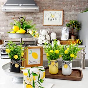 Lemon Mason Jar Table Centerpiece Faux Lemon Kitchen Decor and Accessories Lemona with Artificial Leaves Spring Summer Farmhouse Decoration for Home Tiered Tray Tabletop Display Yellow White Black 3