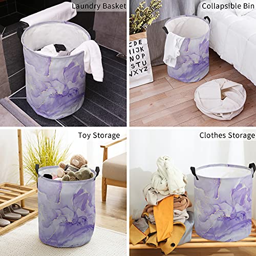 Laundry Basket Marble Purple Gradient Abstract Art,Waterproof Collapsible Clothes Hamper Golden Stripe,Large Storage Bag for Bedroom Bathroom 13.8x17in