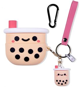 beats studio buds case, 3d cute cartoon kawaii character soft silicone case cover for beats wireless earbuds anime skin with keychain accessories for girls women kids (boba milk tea)