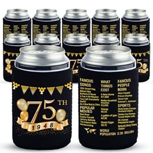 75th birthday can cooler sleeves pack of 12-75th anniversary decorations- 1948 sign - 75th birthday party supplies - black and gold 75th birthday cup coolers