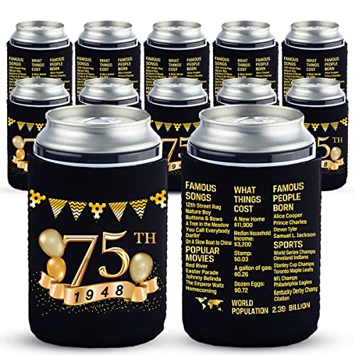 75th Birthday Can Cooler Sleeves Pack of 12-75th Anniversary Decorations- 1948 Sign - 75th Birthday Party Supplies - Black and Gold 75th Birthday Cup Coolers