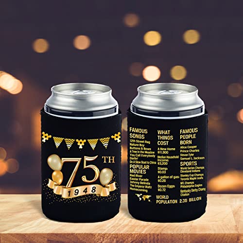 75th Birthday Can Cooler Sleeves Pack of 12-75th Anniversary Decorations- 1948 Sign - 75th Birthday Party Supplies - Black and Gold 75th Birthday Cup Coolers