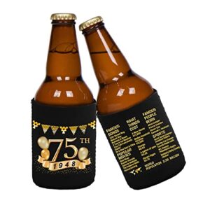75th Birthday Can Cooler Sleeves Pack of 12-75th Anniversary Decorations- 1948 Sign - 75th Birthday Party Supplies - Black and Gold 75th Birthday Cup Coolers