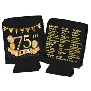 75th Birthday Can Cooler Sleeves Pack of 12-75th Anniversary Decorations- 1948 Sign - 75th Birthday Party Supplies - Black and Gold 75th Birthday Cup Coolers