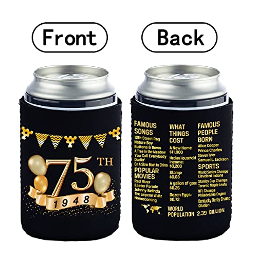 75th Birthday Can Cooler Sleeves Pack of 12-75th Anniversary Decorations- 1948 Sign - 75th Birthday Party Supplies - Black and Gold 75th Birthday Cup Coolers