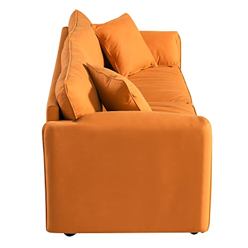 JULYFOX Low Profile Orange Couch Sofa, 75 in Wide Mid Century Modern Sofa Overstuffed Wide Pillow Armrest Lazy Style 2 Toss Pillows Included for Small Living Room