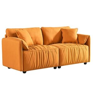 JULYFOX Low Profile Orange Couch Sofa, 75 in Wide Mid Century Modern Sofa Overstuffed Wide Pillow Armrest Lazy Style 2 Toss Pillows Included for Small Living Room