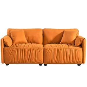 JULYFOX Low Profile Orange Couch Sofa, 75 in Wide Mid Century Modern Sofa Overstuffed Wide Pillow Armrest Lazy Style 2 Toss Pillows Included for Small Living Room