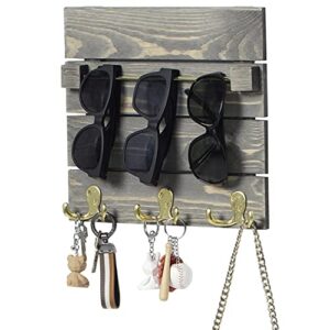 mygift wall mounted accessory organizer, weathered gray solid wood sunglasses holder with brass metal hanger bar and 3 dual key hooks