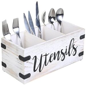 mygift whitewashed solid wood flatware and utensil holder with metal corner accents with 3 compartments and cursive utensils design