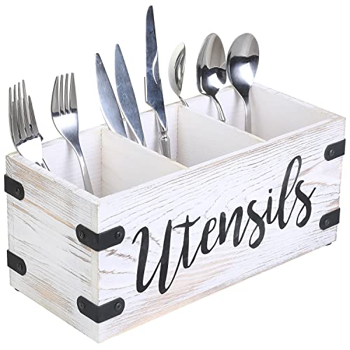 MyGift Whitewashed Solid Wood Flatware and Utensil Holder with Metal Corner Accents with 3 Compartments and Cursive UTENSILS Design