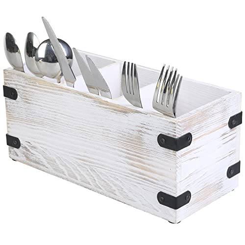 MyGift Whitewashed Solid Wood Flatware and Utensil Holder with Metal Corner Accents with 3 Compartments and Cursive UTENSILS Design