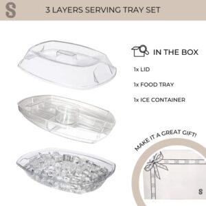 simply instyle appetizer serving tray on ice with lid, 3 layers 15 inch party platter with 4 compartments for shrimp, fruits, salads, sushi, dips and desserts, clear,green