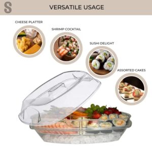 Simply InStyle Appetizer Serving Tray on Ice with Lid, 3 Layers 15 Inch Party Platter with 4 Compartments for Shrimp, Fruits, Salads, Sushi, Dips and Desserts, Clear,green