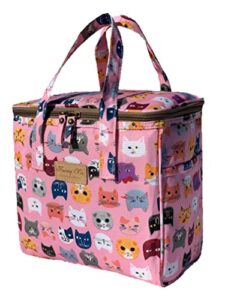 kwang min pink cat faces insulated lunch bag for women reusable lunch box for adult,large bento cooler for office picnic beach party,premium fabric,waterproof,pink gift pink cat)