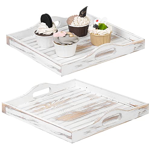 MyGift Whitewashed Wood Large Ottoman Tray with Handles, 11 X 11 Square Slatted Design Breakfast Coffee Table Tray, Set of 2 Serving Tray