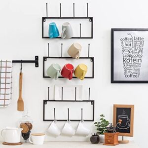 MyGift Wall Mounted Brown Metal Coffee Mug Holder, Hanging Coffee Bar Accessory Rack with 7 Hooks, Set of 3 - Holds 21 Mugs