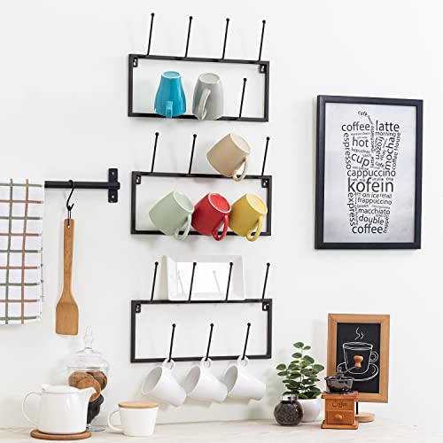 MyGift Wall Mounted Brown Metal Coffee Mug Holder, Hanging Coffee Bar Accessory Rack with 7 Hooks, Set of 3 - Holds 21 Mugs