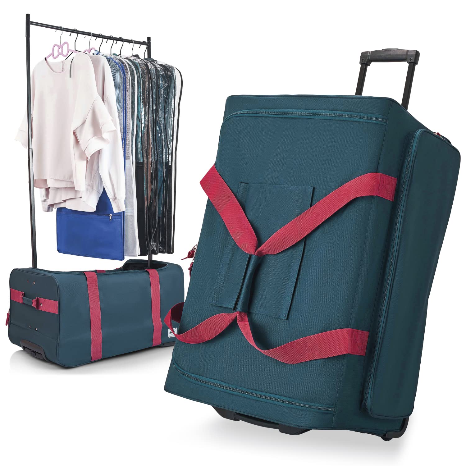 BRÜUN Dance Duffel Bag with Garment Rack and included Protective Cover – A 29" Large Teal Colored Dream Rolling Carrier with Wheels for Travel – Designed for Men, Women to Hang Clothes on Long Journey