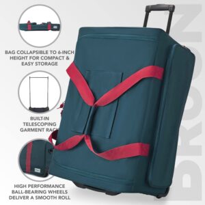 BRÜUN Dance Duffel Bag with Garment Rack and included Protective Cover – A 29" Large Teal Colored Dream Rolling Carrier with Wheels for Travel – Designed for Men, Women to Hang Clothes on Long Journey